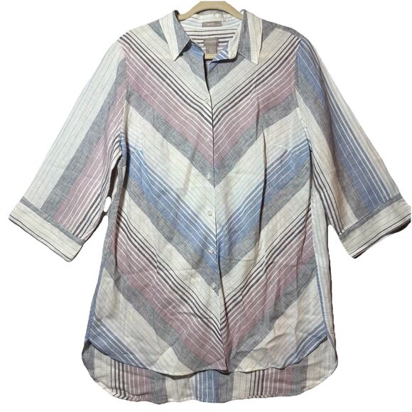 Chico's Linen Tunic Blouse Women's Size 2 Purple Blue Striped 3/4 Sleeve Button - Picture 1 of 11